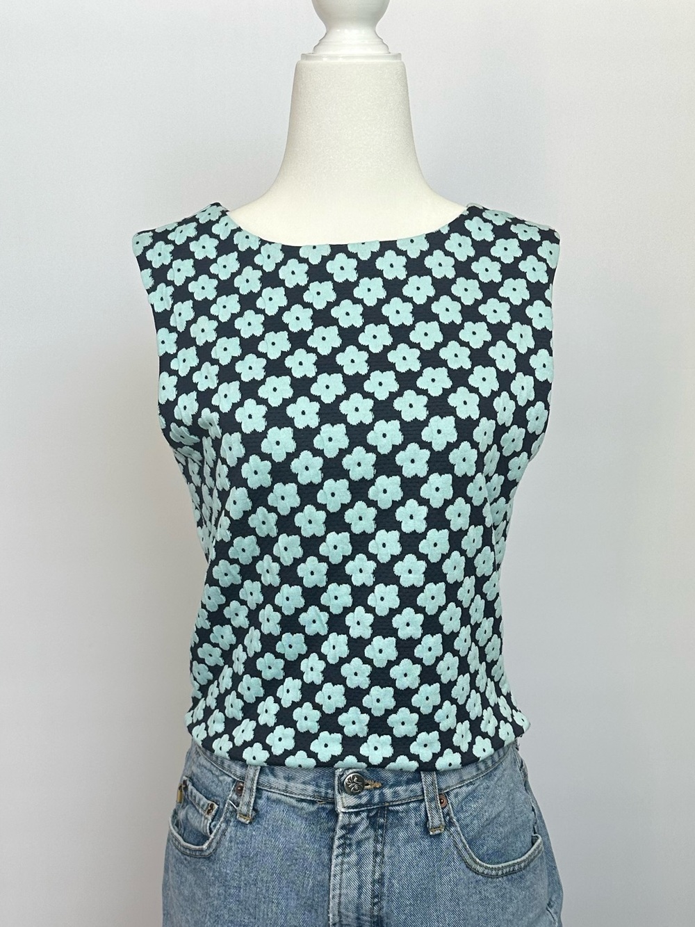 Eva Franco x Anthropologie Blue Mod 60s-Style Floral Jacquard Top Size XS